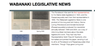 Front page to online archive of Wabanaki Legislative Update at dawnlandvoices.org; students and tribal authors worked together to digitize and curate this political paper. Used with permission of Donna Loring and Donald G. Soctomah
