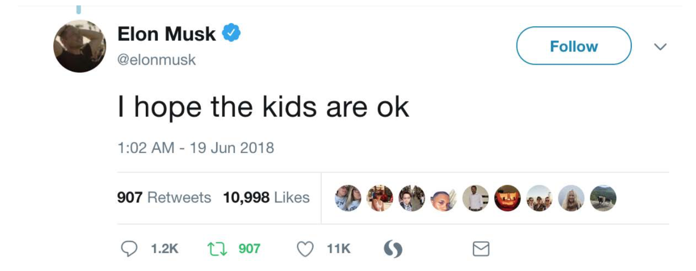 Figure 4. Elon Musk makes non-committal remarks on the situation of migrant children placed in detention, removed from parents and, in some cases, housed in cages and pens, under Trump Administration policy. In subsequent tweets, he defends his tweet by stating that he is one of the ACLU’s top donors (Musk, 2018)