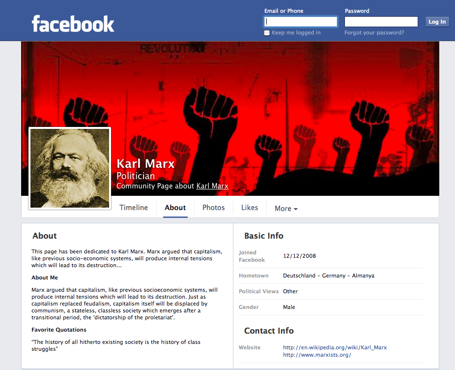 screen shot of Karl Marx Community Facebook Page 