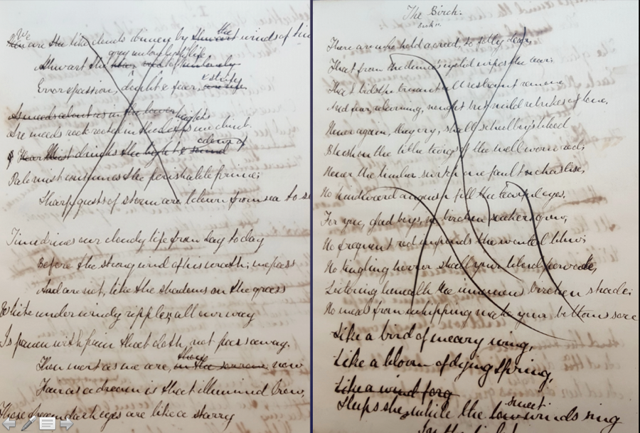 Figure 8. A. C. Swinburne’s Oxford Notebook (1859?), “The Birch,” two details: cancellations (L), lashes (R). Booth Family Center for Special Collections, Georgetown University. 
