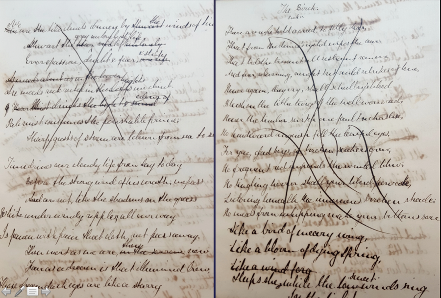Figure 8. A. C. Swinburne’s Oxford Notebook (1859?), “The Birch,” two details: cancellations (L), lashes (R). Booth Family Center for Special Collections, Georgetown University.
