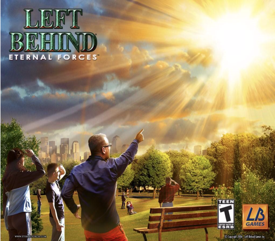 Figure 1. Box art for the Left Behind: Eternal Forces video game, depicting the Christian Rapture over New York City.