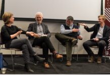 Roundtable “Work of Contemporary Cultural Institutions as Protest,” March 1, 2019, Neubauer Collegium for Culture and Society, from left to right: Olga Solovieva (UChicago), Ales Bialiatski (Viasna, Belarus), Serguei Parkhomenko (Last Address, Russia), Vasyl Cherepanyn (Visual Culture Research Center, Ukraine)