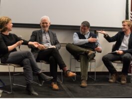 Roundtable “Work of Contemporary Cultural Institutions as Protest,” March 1, 2019, Neubauer Collegium for Culture and Society, from left to right: Olga Solovieva (UChicago), Ales Bialiatski (Viasna, Belarus), Serguei Parkhomenko (Last Address, Russia), Vasyl Cherepanyn (Visual Culture Research Center, Ukraine)