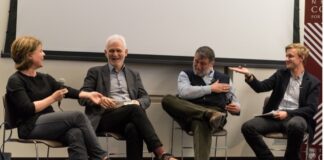 Roundtable “Work of Contemporary Cultural Institutions as Protest,” March 1, 2019, Neubauer Collegium for Culture and Society, from left to right: Olga Solovieva (UChicago), Ales Bialiatski (Viasna, Belarus), Serguei Parkhomenko (Last Address, Russia), Vasyl Cherepanyn (Visual Culture Research Center, Ukraine)