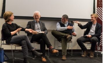 Roundtable “Work of Contemporary Cultural Institutions as Protest,” March 1, 2019, Neubauer Collegium for Culture and Society, from left to right: Olga Solovieva (UChicago), Ales Bialiatski (Viasna, Belarus), Serguei Parkhomenko (Last Address, Russia), Vasyl Cherepanyn (Visual Culture Research Center, Ukraine)