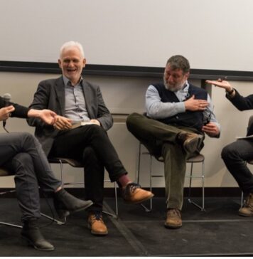 Roundtable “Work of Contemporary Cultural Institutions as Protest,” March 1, 2019, Neubauer Collegium for Culture and Society, from left to right: Olga Solovieva (UChicago), Ales Bialiatski (Viasna, Belarus), Serguei Parkhomenko (Last Address, Russia), Vasyl Cherepanyn (Visual Culture Research Center, Ukraine)