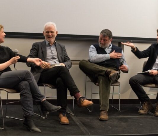 Roundtable “Work of Contemporary Cultural Institutions as Protest,” March 1, 2019, Neubauer Collegium for Culture and Society, from left to right: Olga Solovieva (UChicago), Ales Bialiatski (Viasna, Belarus), Serguei Parkhomenko (Last Address, Russia), Vasyl Cherepanyn (Visual Culture Research Center, Ukraine)
