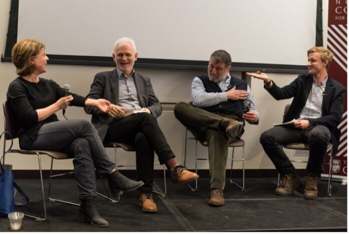 Roundtable “Work of Contemporary Cultural Institutions as Protest,” March 1, 2019, Neubauer Collegium for Culture and Society, from left to right: Olga Solovieva (UChicago), Ales Bialiatski (Viasna, Belarus), Serguei Parkhomenko (Last Address, Russia), Vasyl Cherepanyn (Visual Culture Research Center, Ukraine)